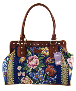 TAZ Large SHOULDERBAG TAPISTRY FLOWERS Vintage Look Blue